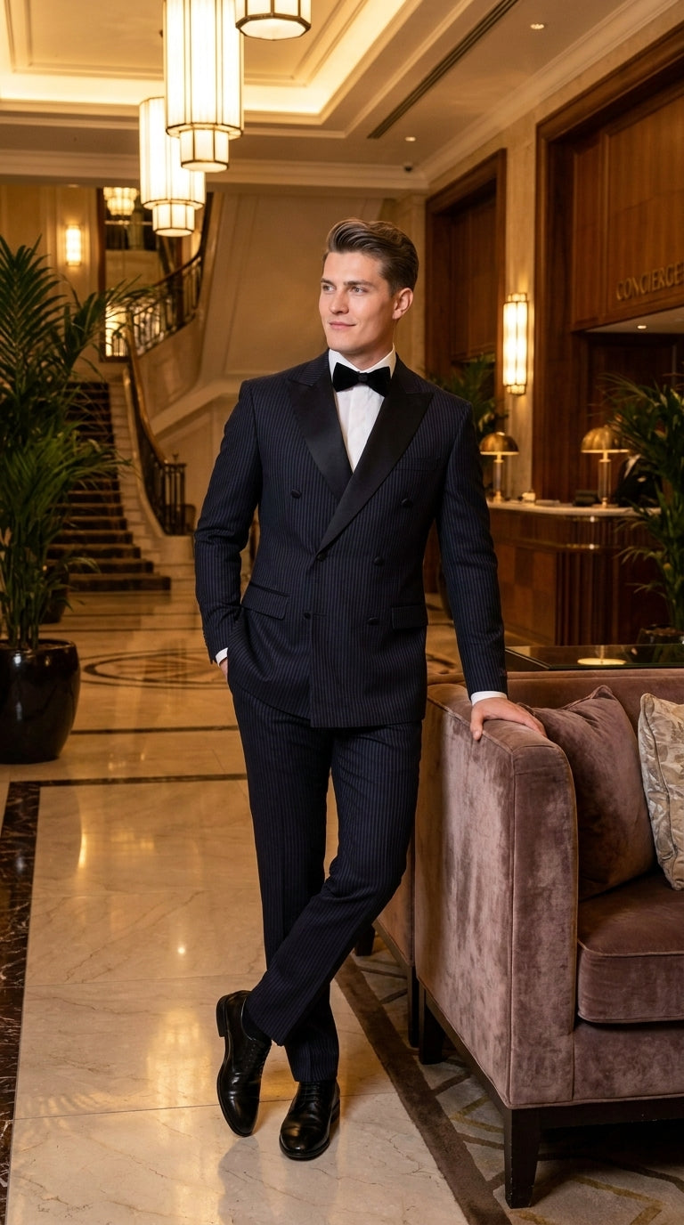 Men’s Navy Blue Double-Breasted Tuxedo – Tone-on-Tone Shadow Pinstripe Formal Wedding and Prom Suit - 34 Short or Extra Small