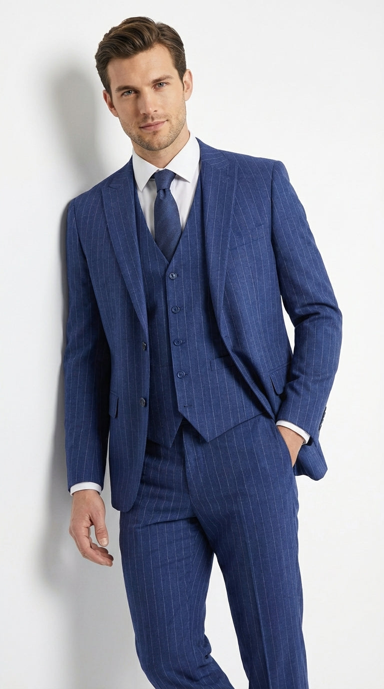 Men’s Cobalt Blue 3 Piece Suit – Indigo Light Blue Pinstripe Formal Suit with Vest for Wedding, Business Modern Fit Two buttons - 34 Short or Extra Small
