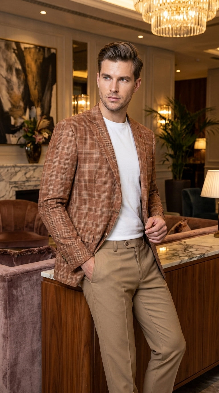 Vitali Men’s Rust Copper Brown Plaid Blazer with Tan Pants – Classic Windowpane, Business and Smart-Casual Birck color  Suit - 36 Short