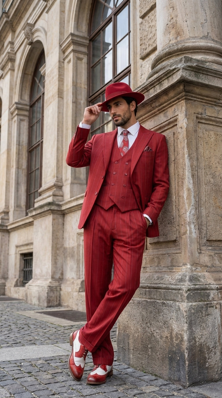 Men’s Red & White Pinstripe 3-Piece Suit by Mazari – Peak Lapel Classic Fit Gangster Suit with Pleated Pants - 34 Short or Extra Small