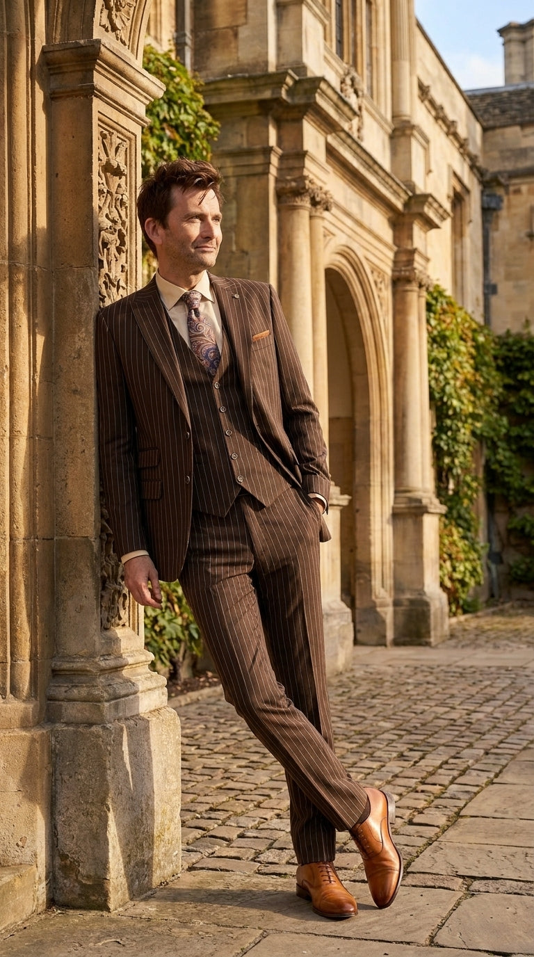 Men’s Doctor Who Inspired Brown Pinstripe 3-Piece Suit – Retro Vintage Wedding, Costume & Formal Suit - 34 Short or Extra Small