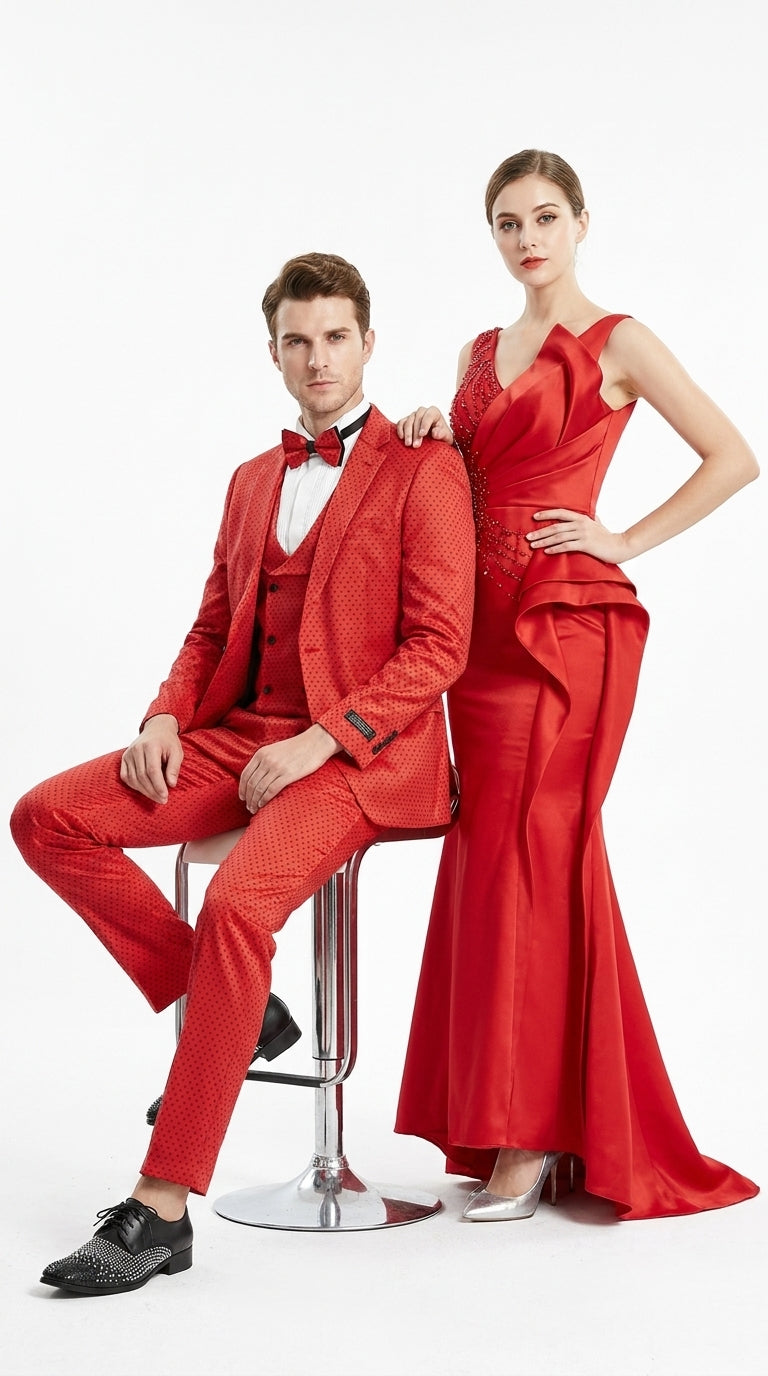 Tazio Men’s Cherry Red and Black  Polka-Dot 3-Piece Suit – Skinny Fit Prom, Wedding and Party Suit or Tuxedo - 34 Short or Extra Small