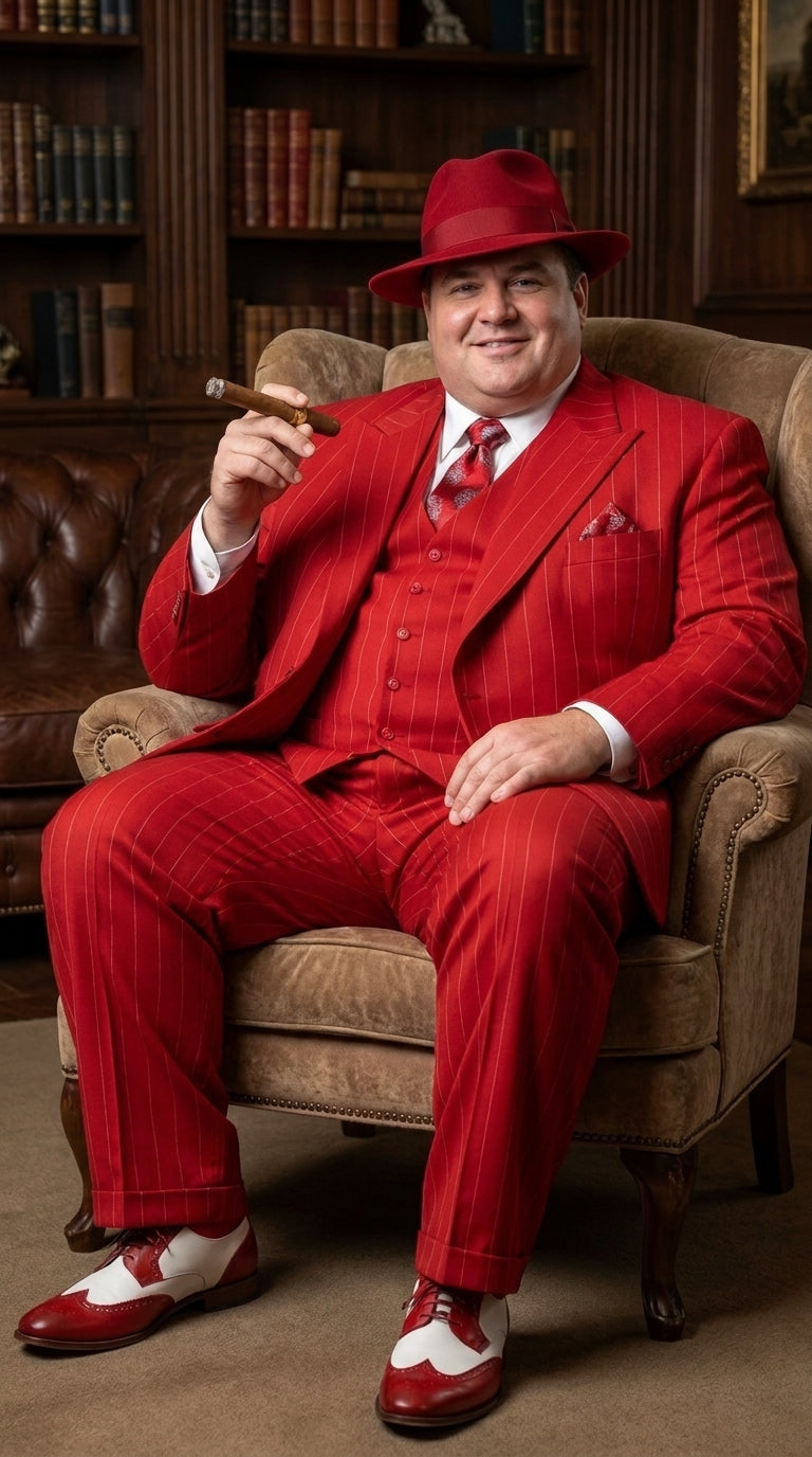 1920s Christmas Holiday Gangster Men’s Red Pinstripe 3-Piece Suit – Peak Lapel Classic Fit Pleated Pants - 34 Short or Extra Small
