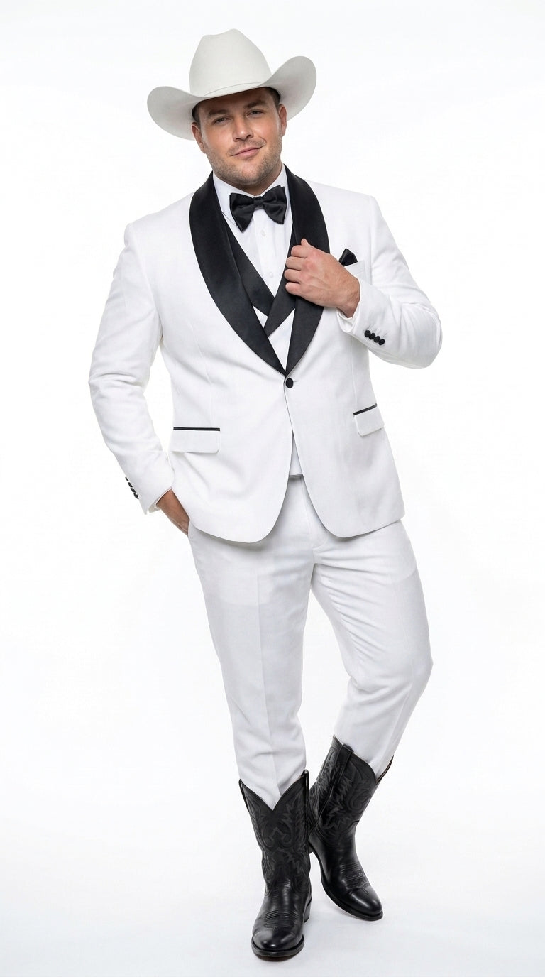 Men’s White and Black Western Wedding Tuxedo – Cowboy Style 3-Piece Traje para Boda with Double-Breasted Vest - 34 Short or Extra Small