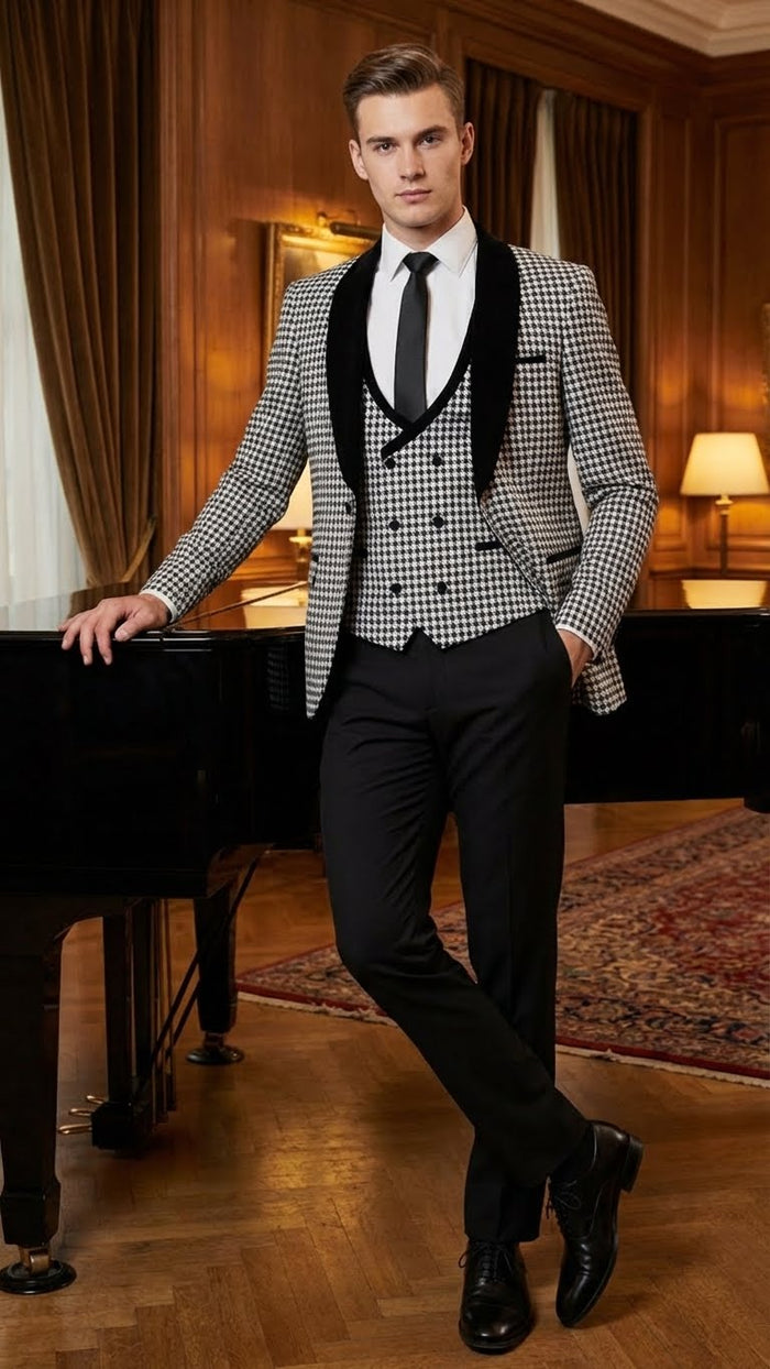 Mens Black and White Houndstooth Tuxedo Set with Velvet Shawl Lapel | 3-Piece Formal Suit with Double-Breasted Vest