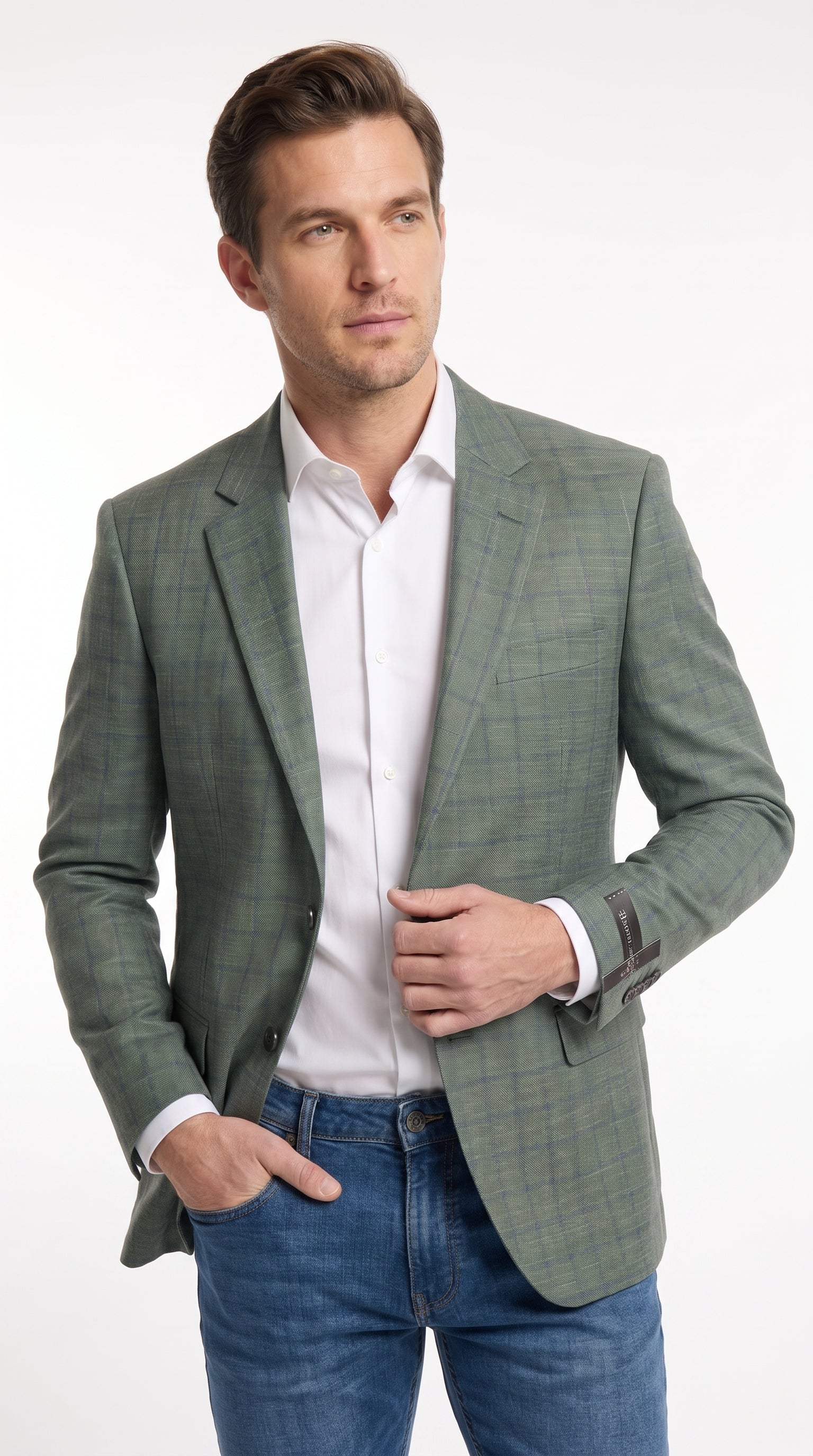 Men’s Sage Green Windowpane 2-Piece Suit – Modern Fit Plaid Wedding, Business and Formal Suit - 36 Short