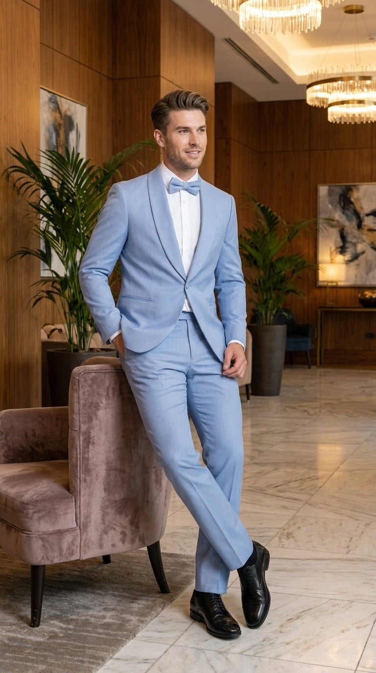 Men’s Powder Blue 2 Piece Tuxedo Suit – Light Blue Wedding Prom Tux with Matching Pants Light Baby Blue - 34 Short or Extra Small