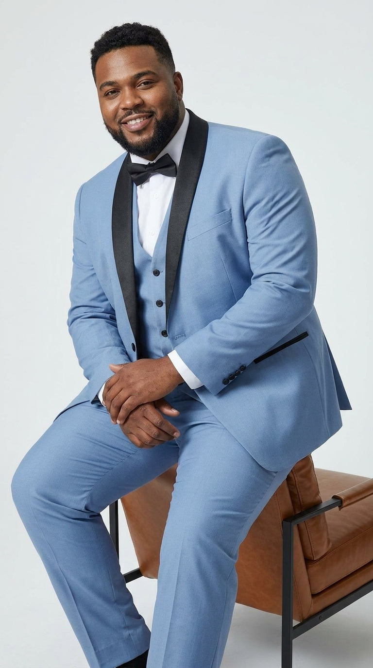 Men’s Powder Blue 3 Piece Tuxedo Suit – Light Blue Shawl Lapel Wedding Prom Suit with Vest - 34 Short or Extra Small