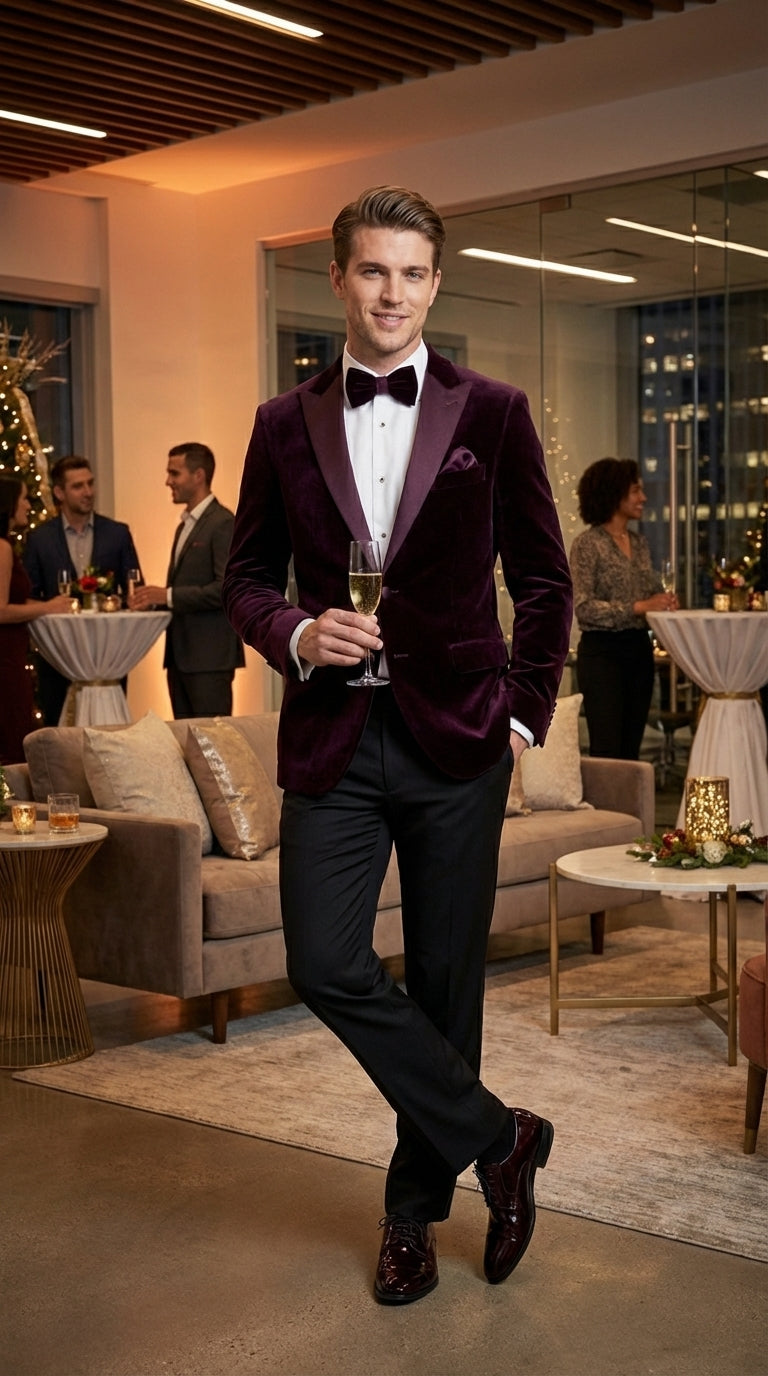 Mens Plum Eggplant Velvet Blazer Jacket – Luxury Velvet Dinner Jacket for Wedding, Tuxedo Events, Formal Parties in Burgundy Color - 36 Short
