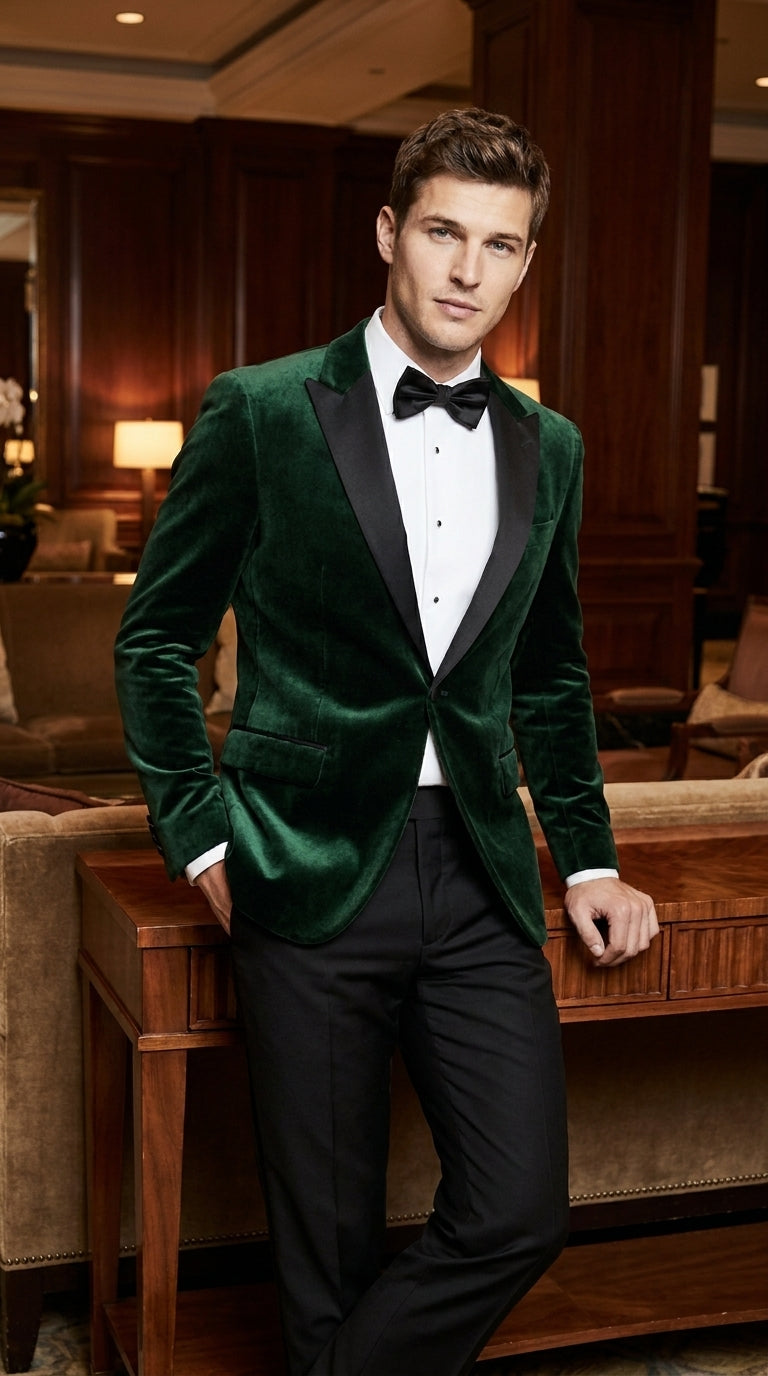 Men’s Olive Green Velvet Tuxedo Dinner Jacket – Black Satin Peak Lapel Formal Prom Wedding Blazer - 34 Short or Extra Small