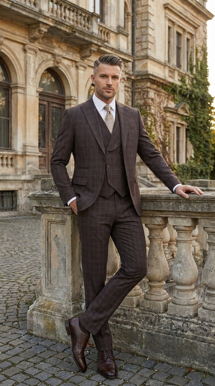 Men’s Vitali 3PC Suit – Choclate Brown and blue Plaid Check 3-Piece Suit with Double-Breasted Vest Modern Fit Side Vented