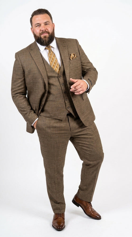 Men's Great Gatsby Brown Checker Plaid Texture 3-Piece Suit – Classic Fit Business, Wedding & Formal Suit Set - Victorian style 1920s