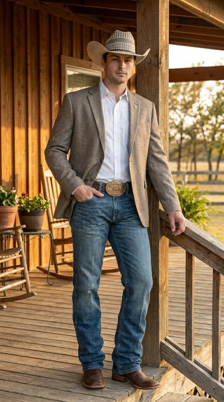 Men’s Dark Tan Taupe Light Brown Western Cowboy Blazer – Classic Country Style Jacket for Wedding, Casual Country Jacket Textured - 36 Short