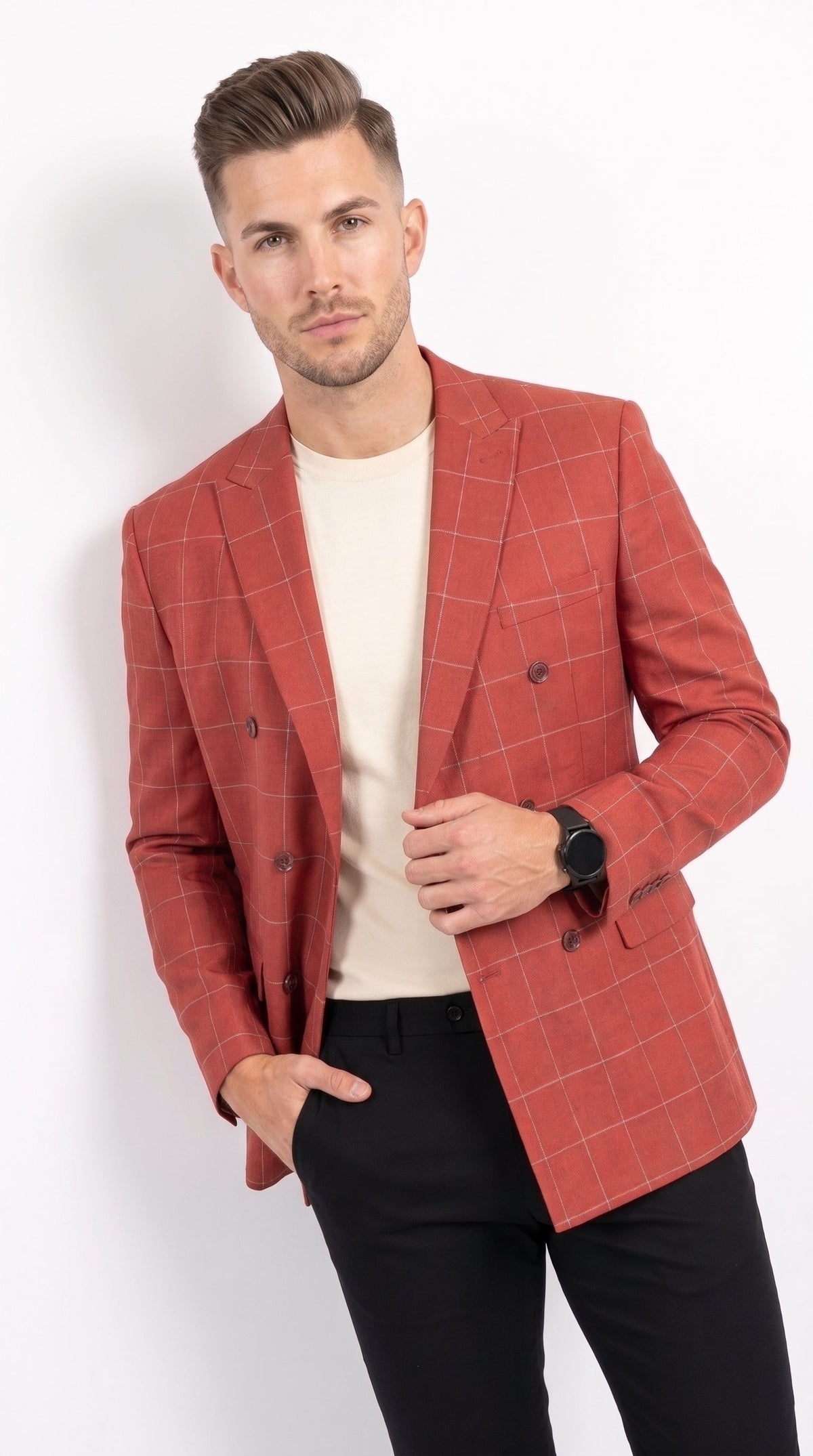 Men's Red Windowpane Plaid Double Breasted Suit – Modern Fit 2 Piece
