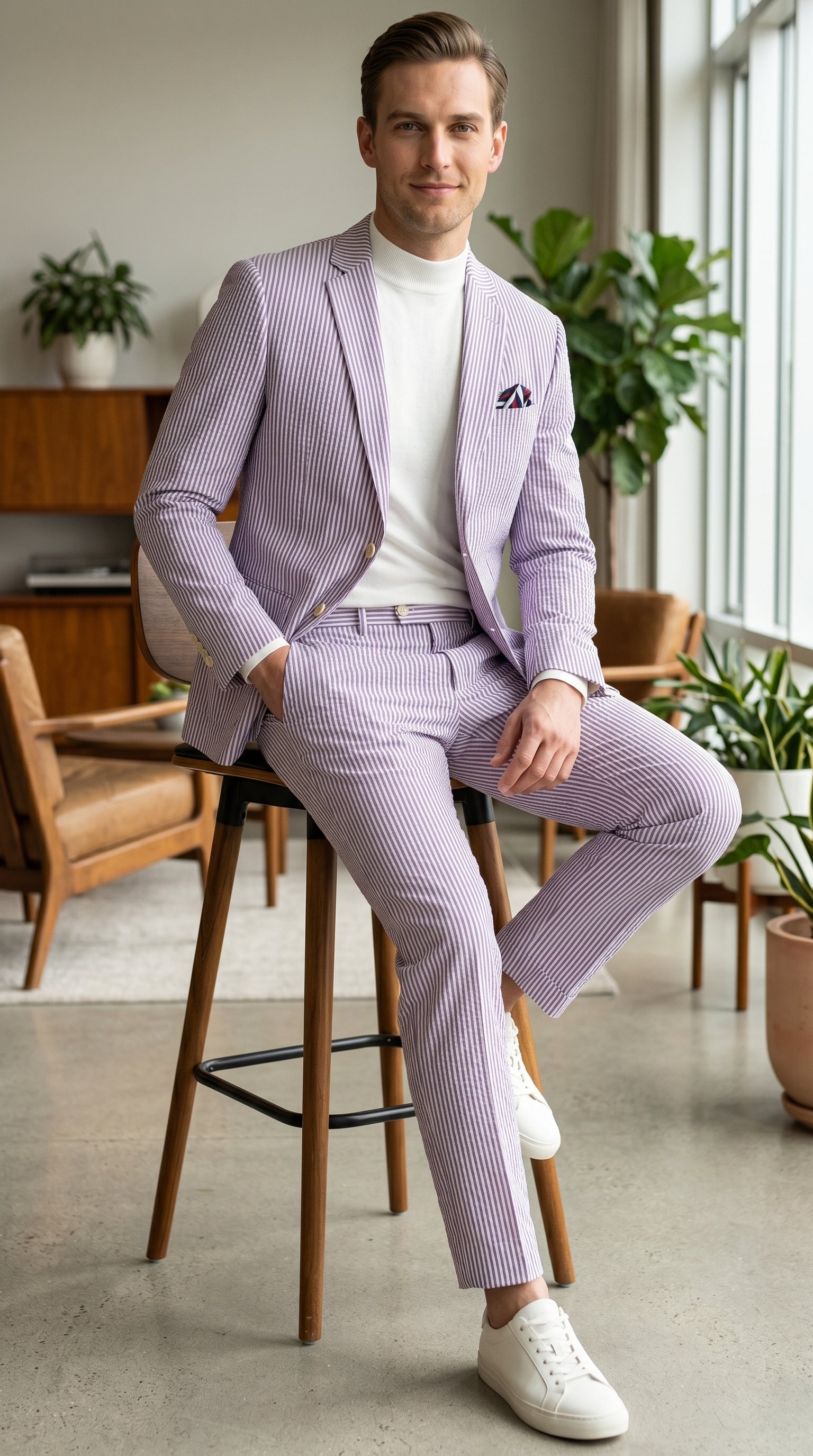 Men’s Lavender Seersucker 2 Piece Suit, Lightweight Summer Blazer and Pants Set for Weddings, Parties, Prom, and summer fabric - 34 Short or Extra Small
