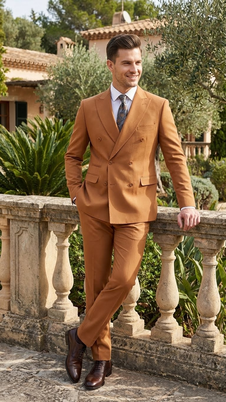 Men’s Vitali Brand Rustish Orange Brown Copper Color Double Breasted Slim Fit Suit - 34 Short or Extra Small