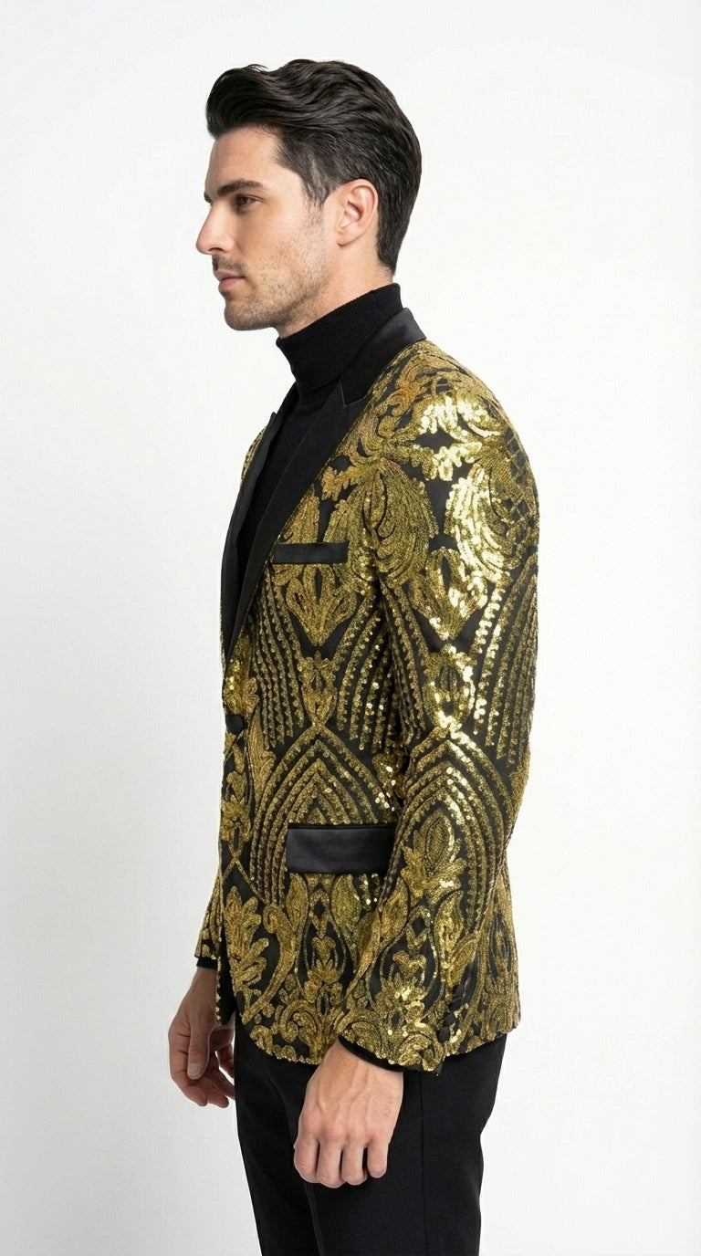 Mens Black and Gold Pattern Blazer – Gold Floral Luxury Formal Blazer Jacket for Prom, Wedding and Party Slim Fitted - S