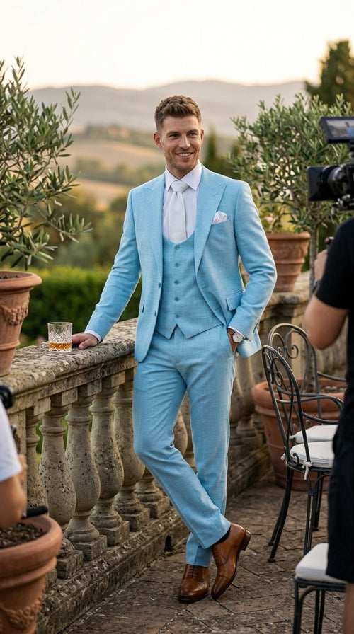Men’s Turquoise Light blue Suit, Vested Formal Dress Suit for Weddings, Prom, Summer Parties, and Special Occasions in Aqua Blue Color By Rossiman