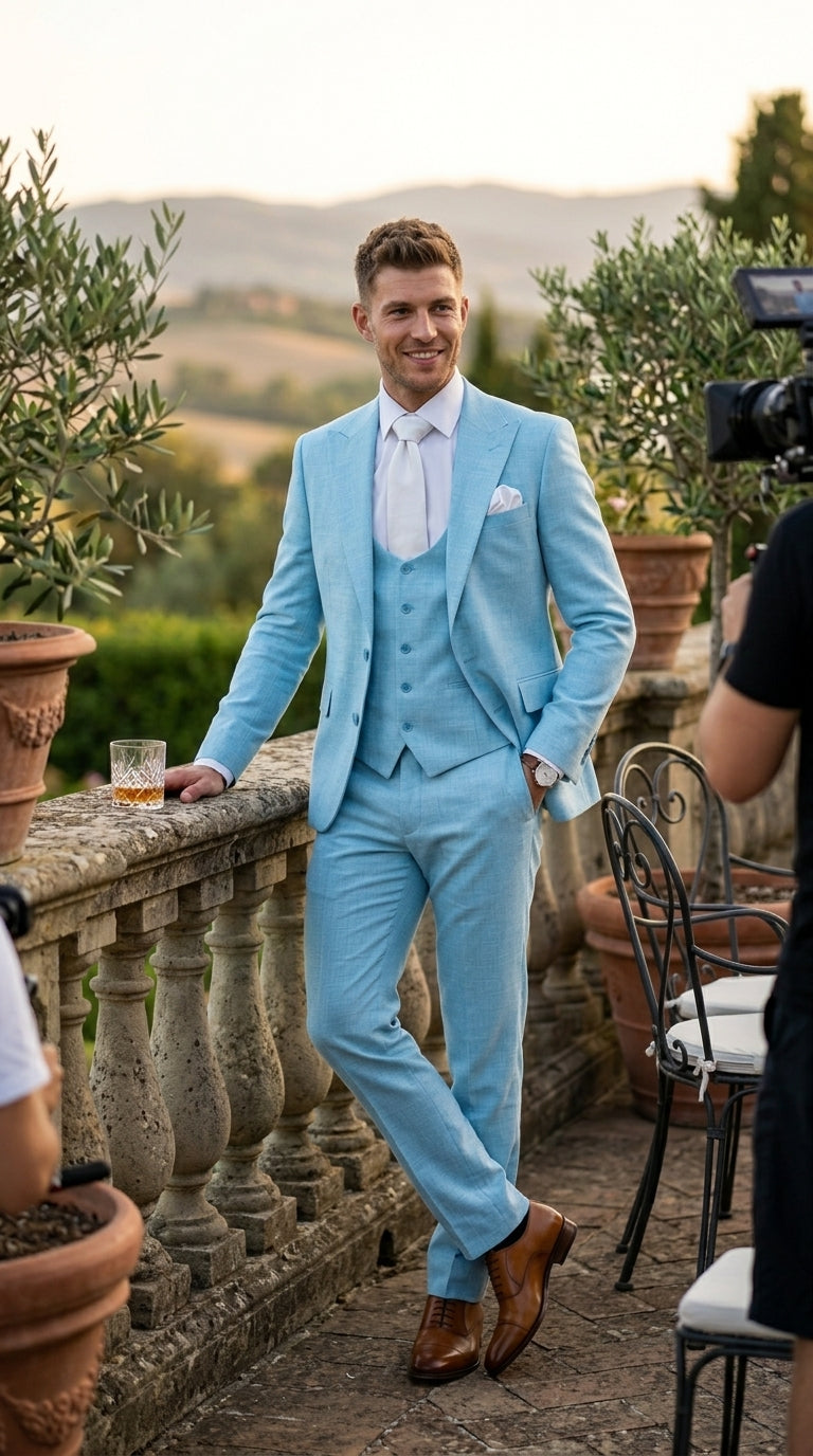 Men’s Turquoise Light blue Suit, Vested Formal Dress Suit for Weddings, Prom, Summer Parties, and Special Occasions in Aqua Blue Color By Rossiman - 34 Short or Extra Small