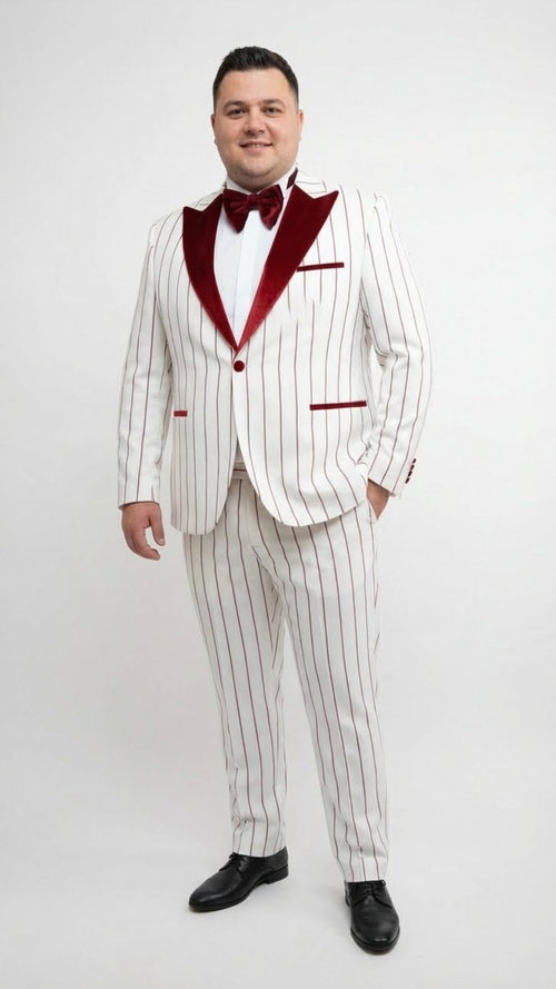 Mens White and Dark Red Pinstripe Tuxedo with Velvet Shawl Lapel Formal Dinner Blazer Prom Christmas New Year Holiday Suit
