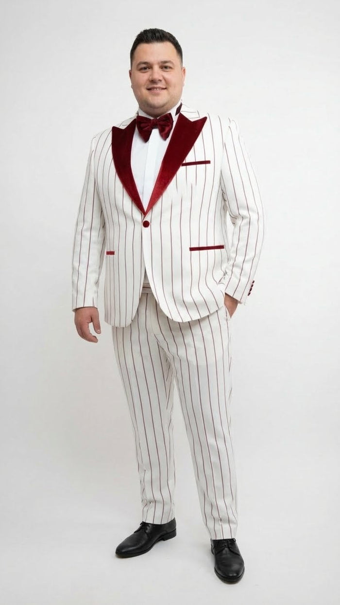 Mens White and Dark Red Pinstripe Tuxedo with Velvet Shawl Lapel Formal Dinner Blazer Prom Christmas New Year Holiday Suit