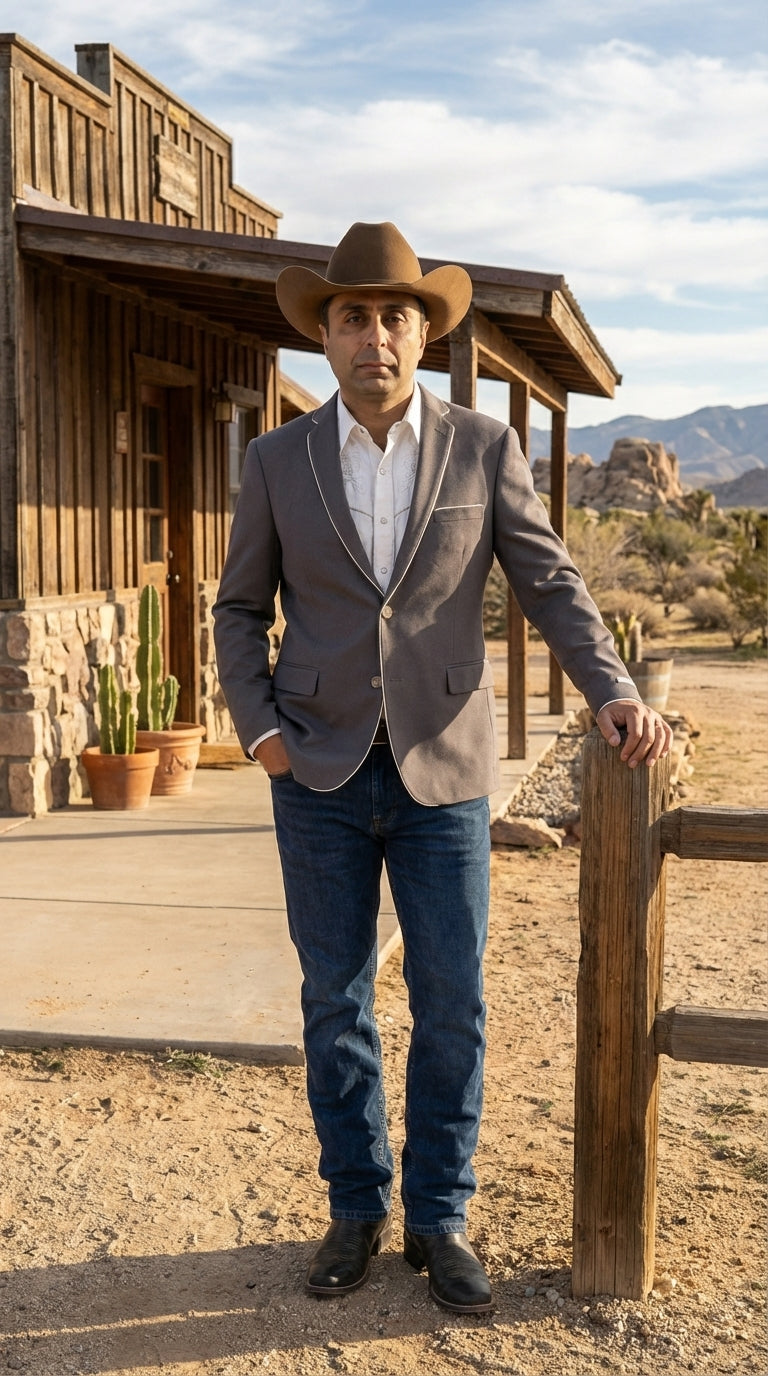 Mens Grey and White Trim Western Blazer – Classic Fit Cowboy Style Contrast Trim Dress Jacket - 34 Short