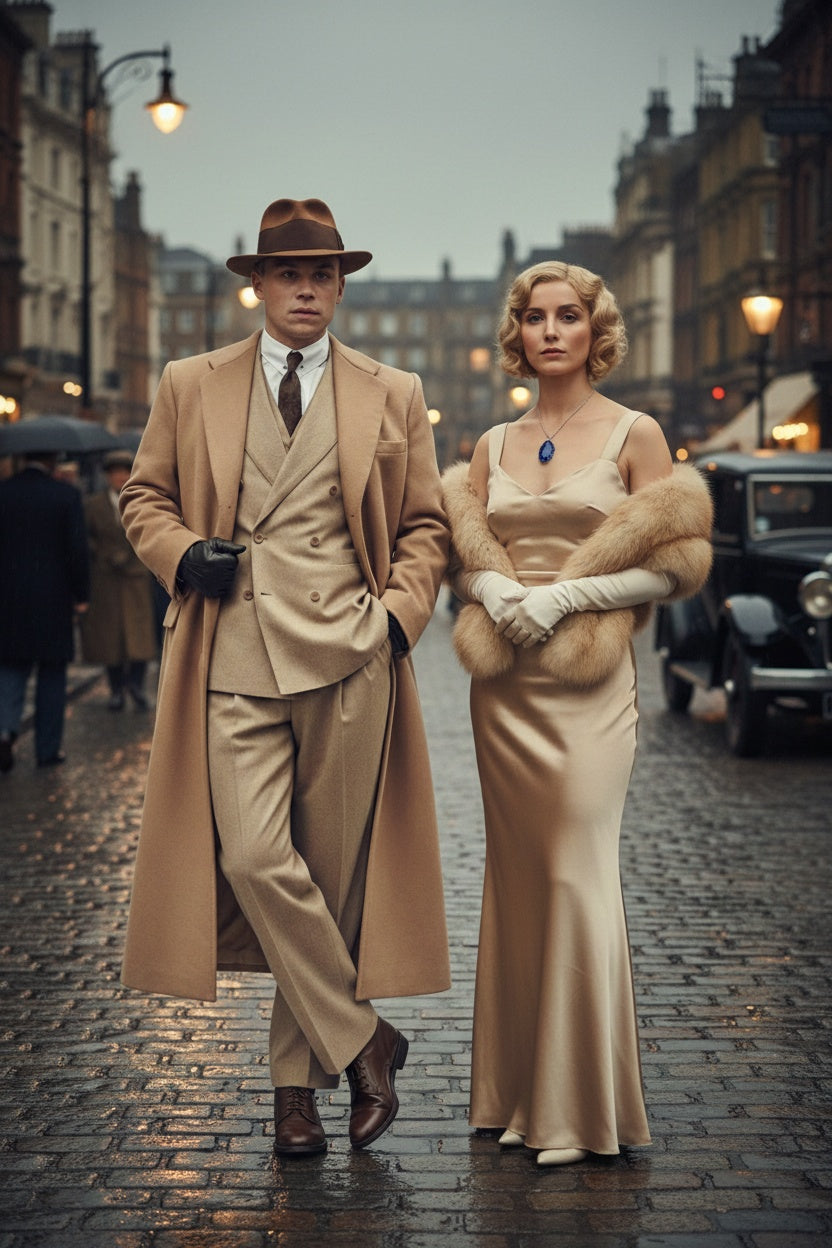 Men’s Cashmere & Wool Camel Beige Long Overcoat – Peaky Blinders Style Vintage Formal Coat + Suit + Hat Package - Coat Size 38