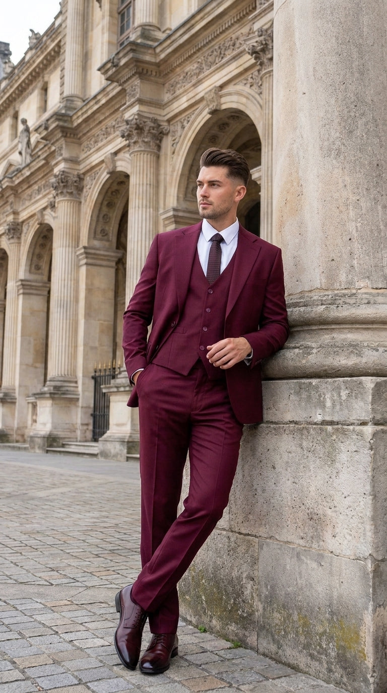 Men’s Stacy Adams Brand Burgundy 3 Piece Suit – Two Button Vested Style church wedding Modern Fit Suit