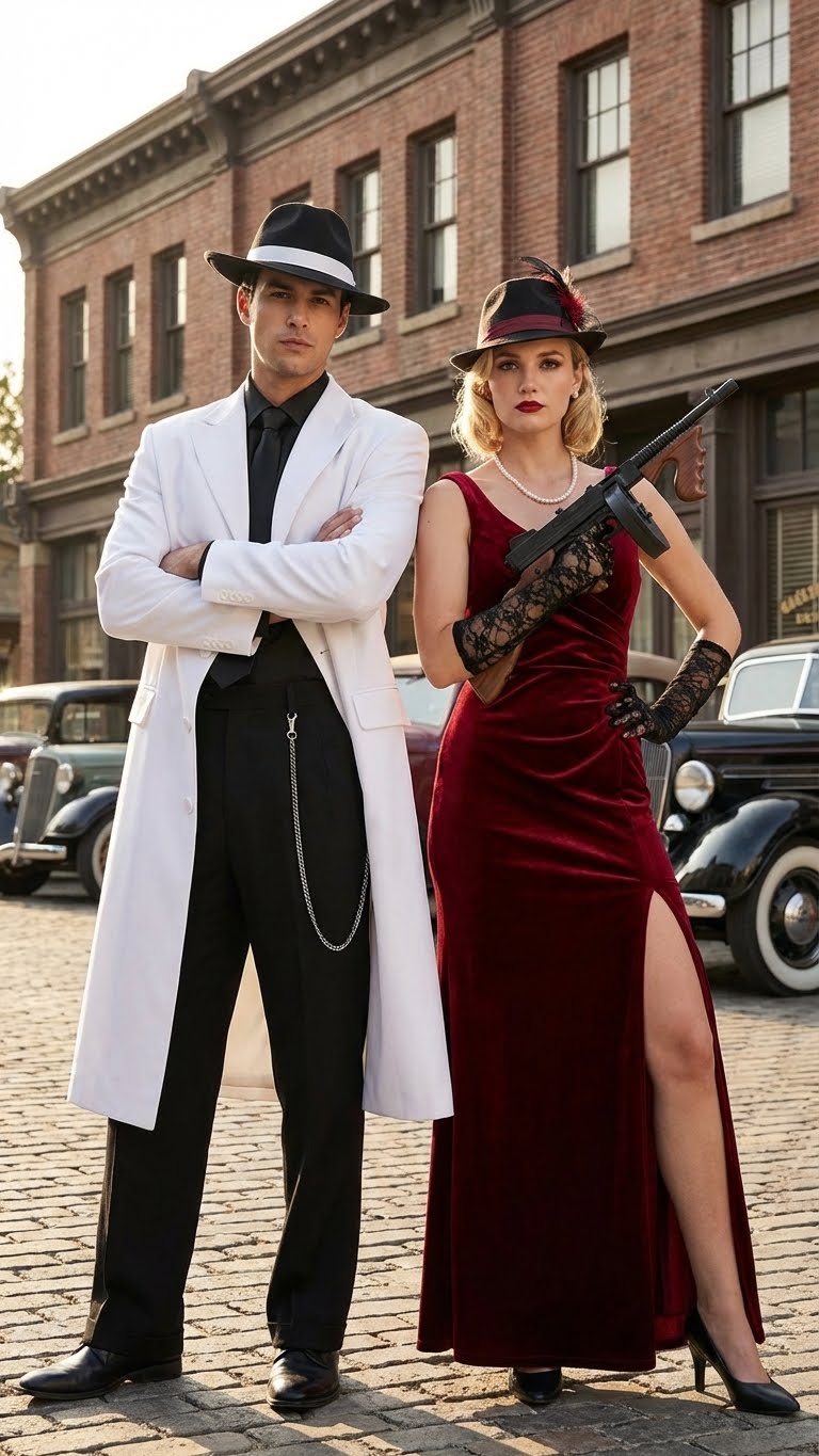 Men’s White Long Zoot Style Suit  | Vintage Gangster Mafia Formal Coat with Black Pants - 34 Short or Extra Small