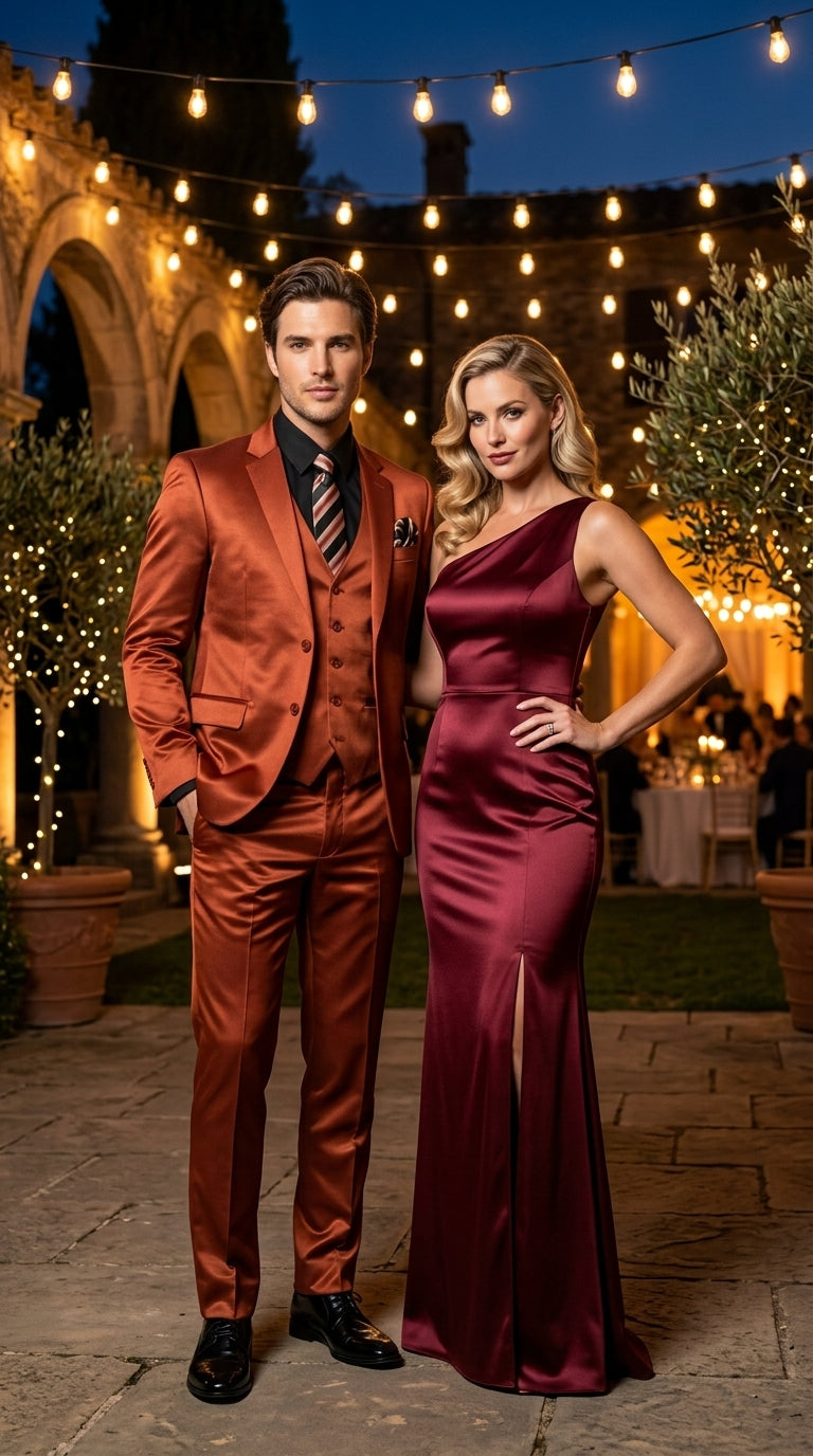 Men’s Rust Copper Coganc Shiny Sateen 3 Piece Suit, Vested Formal Wedding Prom Suit Set Ultra Slim Fit - 34 Short or Extra Small