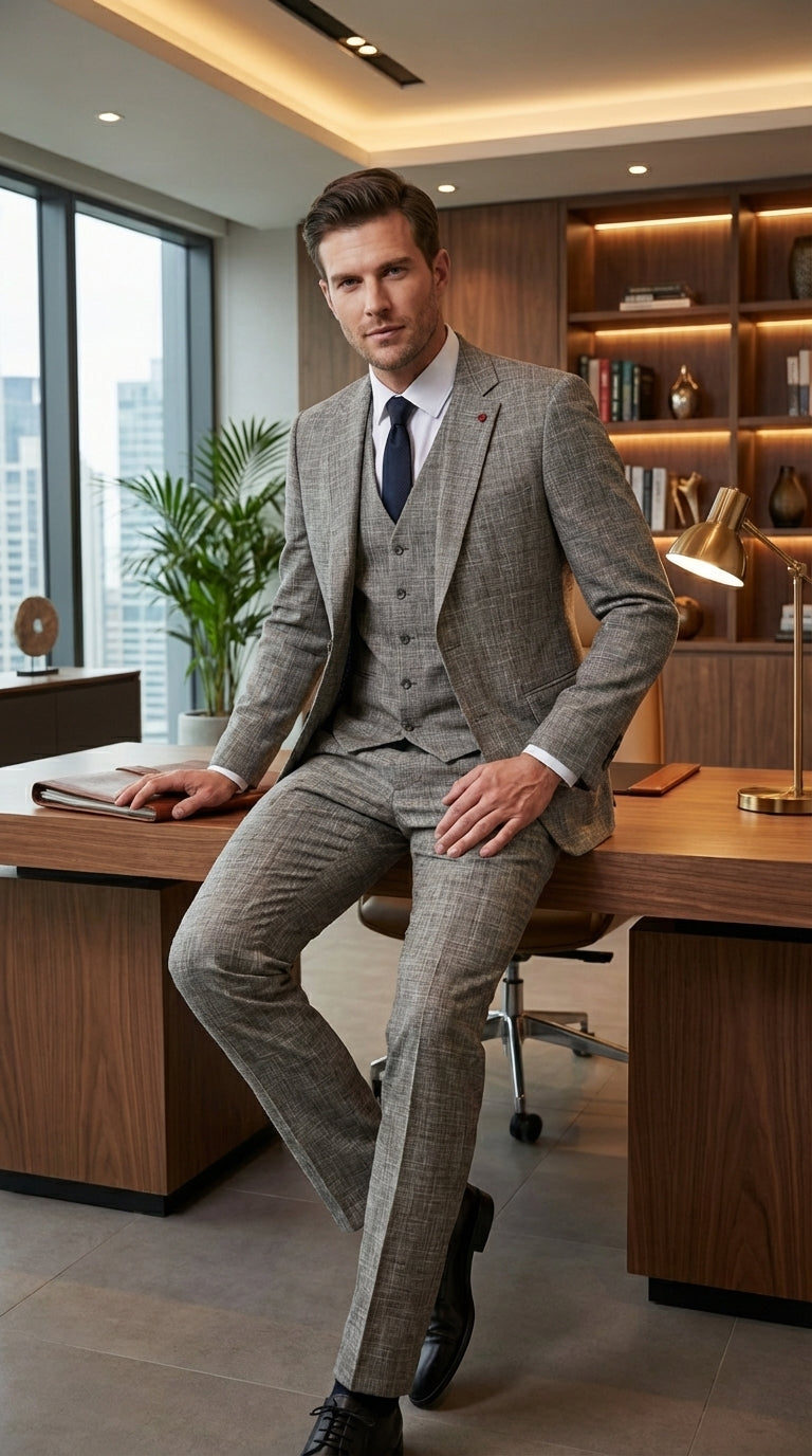 Vitali Brand Men’s Grey Textured Patterned 3 Piece Suit – Modern Fit Checkered Sharkskin with Blazer, Vest & Trousers, Business Wedding - 34 Short or Extra Small