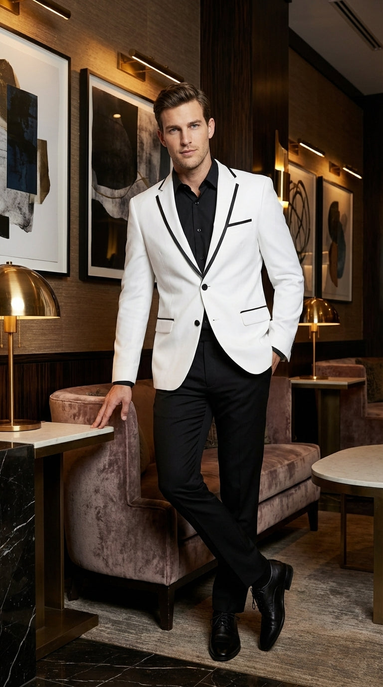 Men’s White Disco Blazer 70s Era Costume Jacket – Black Trim Retro Party Blazer, Vintage Dance Outfit, Stylish Evening Themed Wear - 36 Short