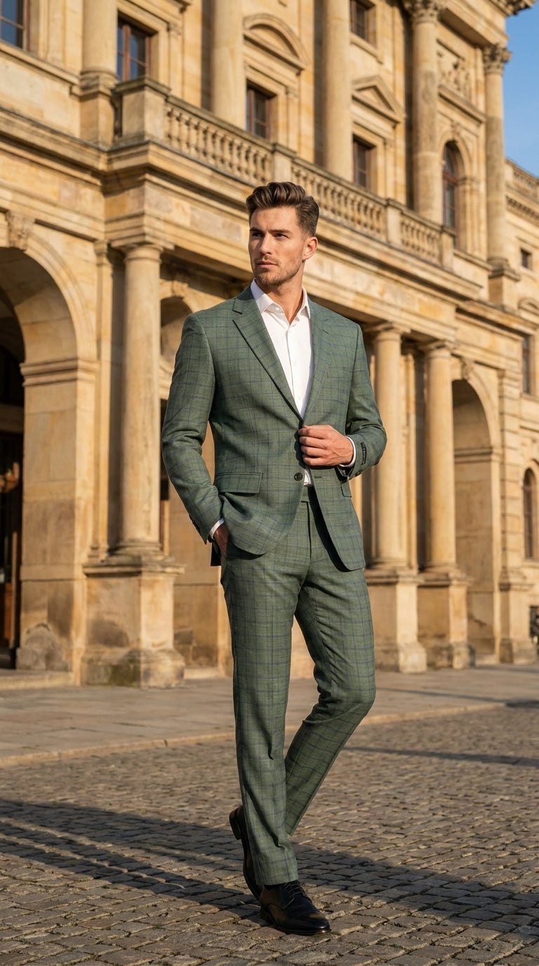 Men’s Tartan olive Green with blue checker Windowpane 2-Piece Suit – Modern Fit Plaid, Business and Formal Suit english styl - 34 Short or Extra Small