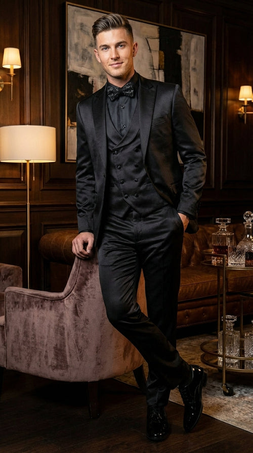 Men’s All Shiny Black Satin Suit – Black Satin Tuxedo Suit for Prom, Wedding, Formal Party and Evening Events Double breasted Vest