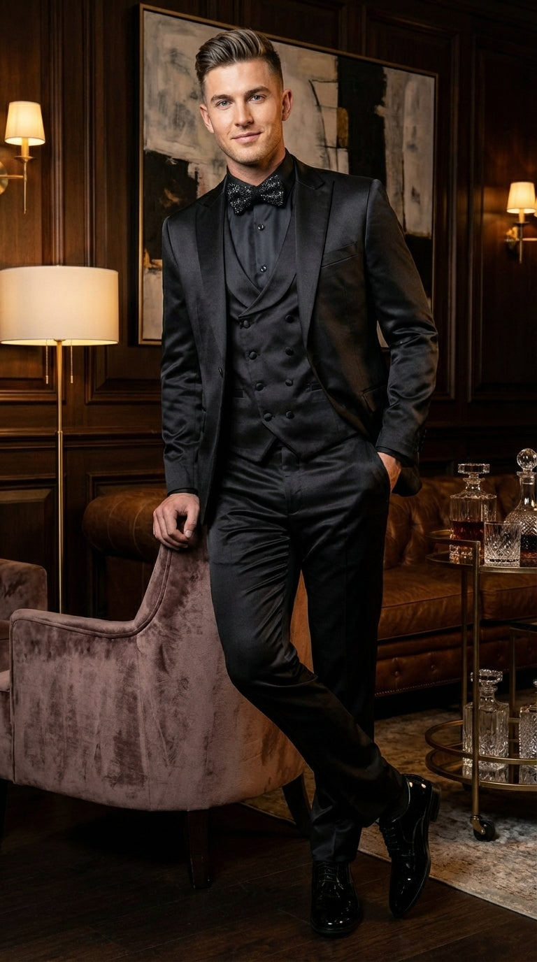 Men’s All Shiny Black Satin Suit – Black Satin Tuxedo Suit for Prom, Wedding, Formal Party and Evening Events Double breasted Vest - 34 Short or Extra Small