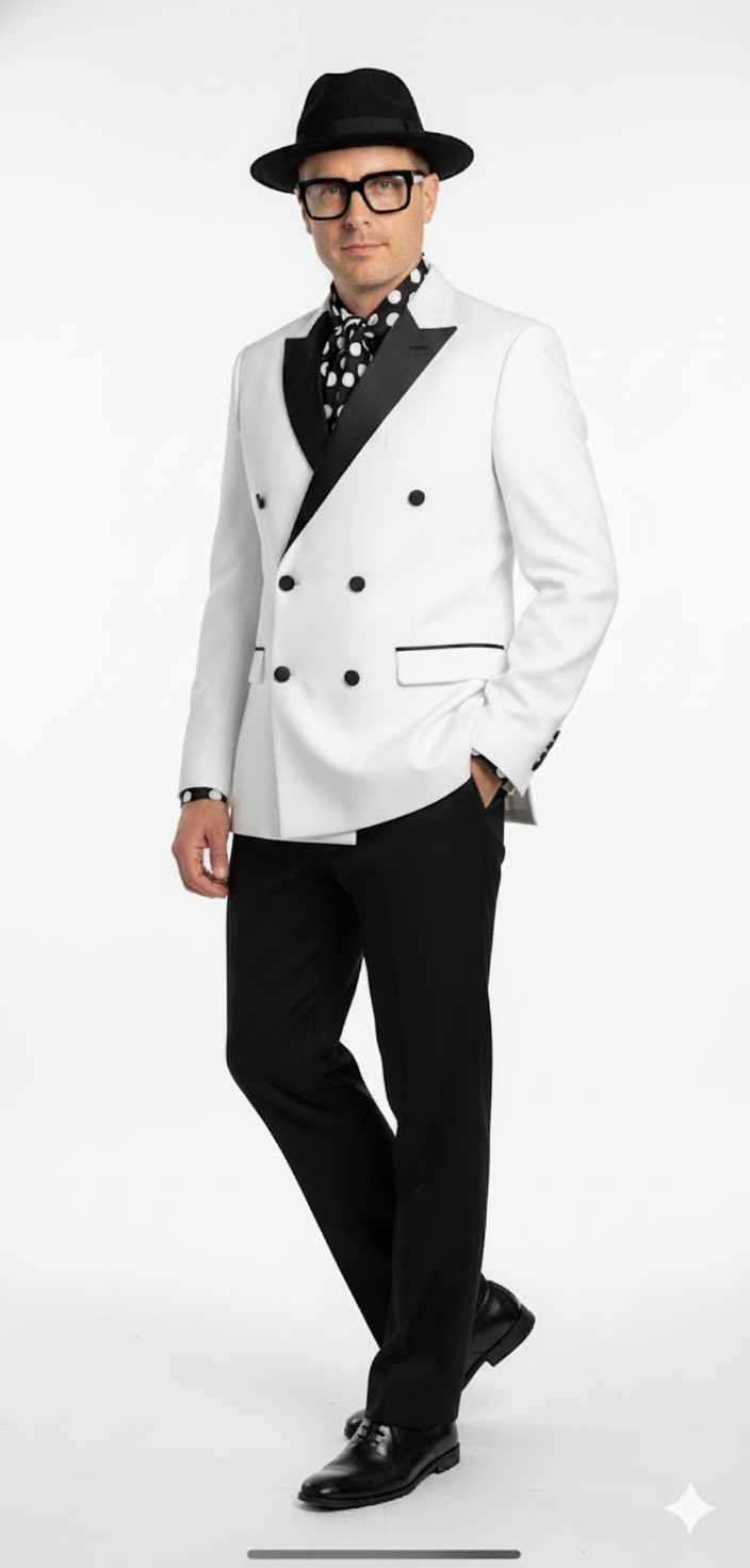 Men’s White and Black Double-Breasted Tuxedo – Modern Slim Fit Formal Suit for Weddings, Parties, and Special Occasions - 34 Short or Extra Small