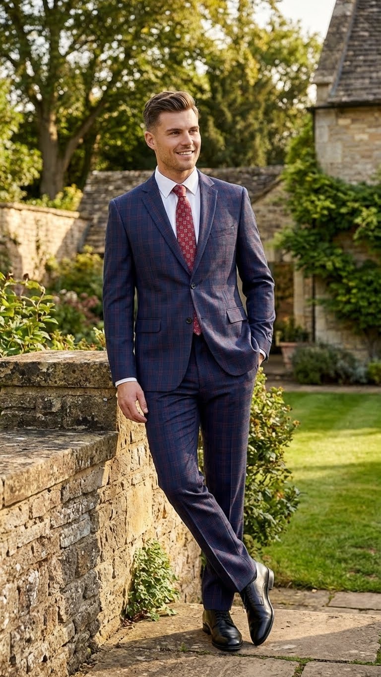 Men’s Navy Blue and Burgundy Checkered Two-Piece Suit Plaid Windowpane – Flat Front Pants or Pleated Wide Leg Pants - 100% Wool - Navy Blue and Burgundy