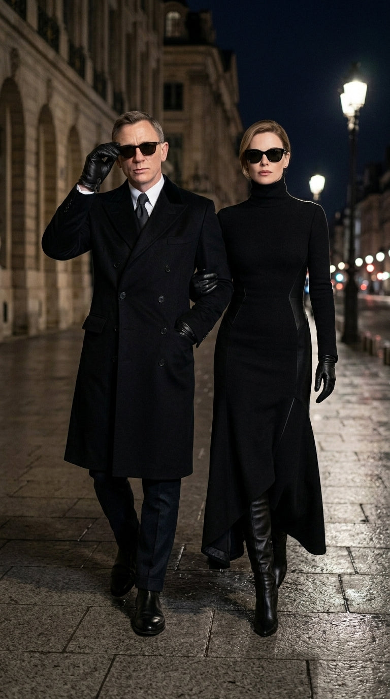 Men’s Black Double Breasted Overcoat, James Bond Inspired Long Formal Coat for Weddings, Business Events, Parties, and Winter Occasions - Coat Size 38