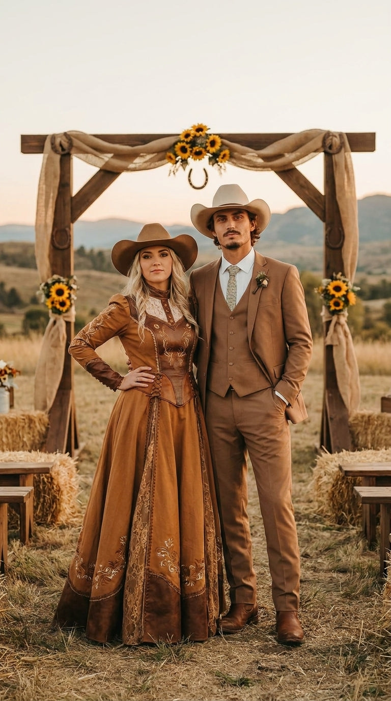 Mens Camel Brown Copper Western 3 Piece Suit – Classic Country Style Blazer Vest Pants Set, Formal Cowboy Suit Outfit - 34 Short or Extra Small
