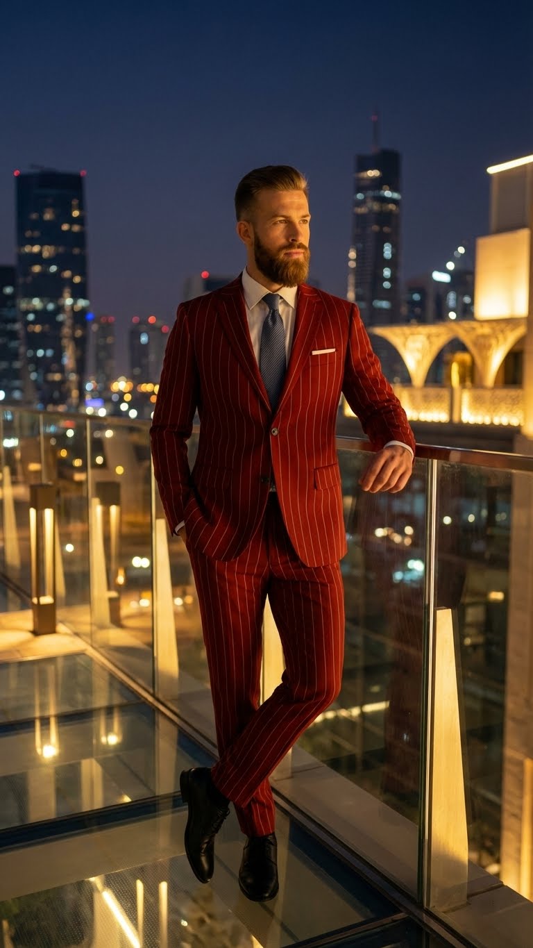 Menâ€™s Red Pinstripe Suit â€“ Stripe Two-Button Vested Suit 2 Buttons - 34 Short or Extra Small