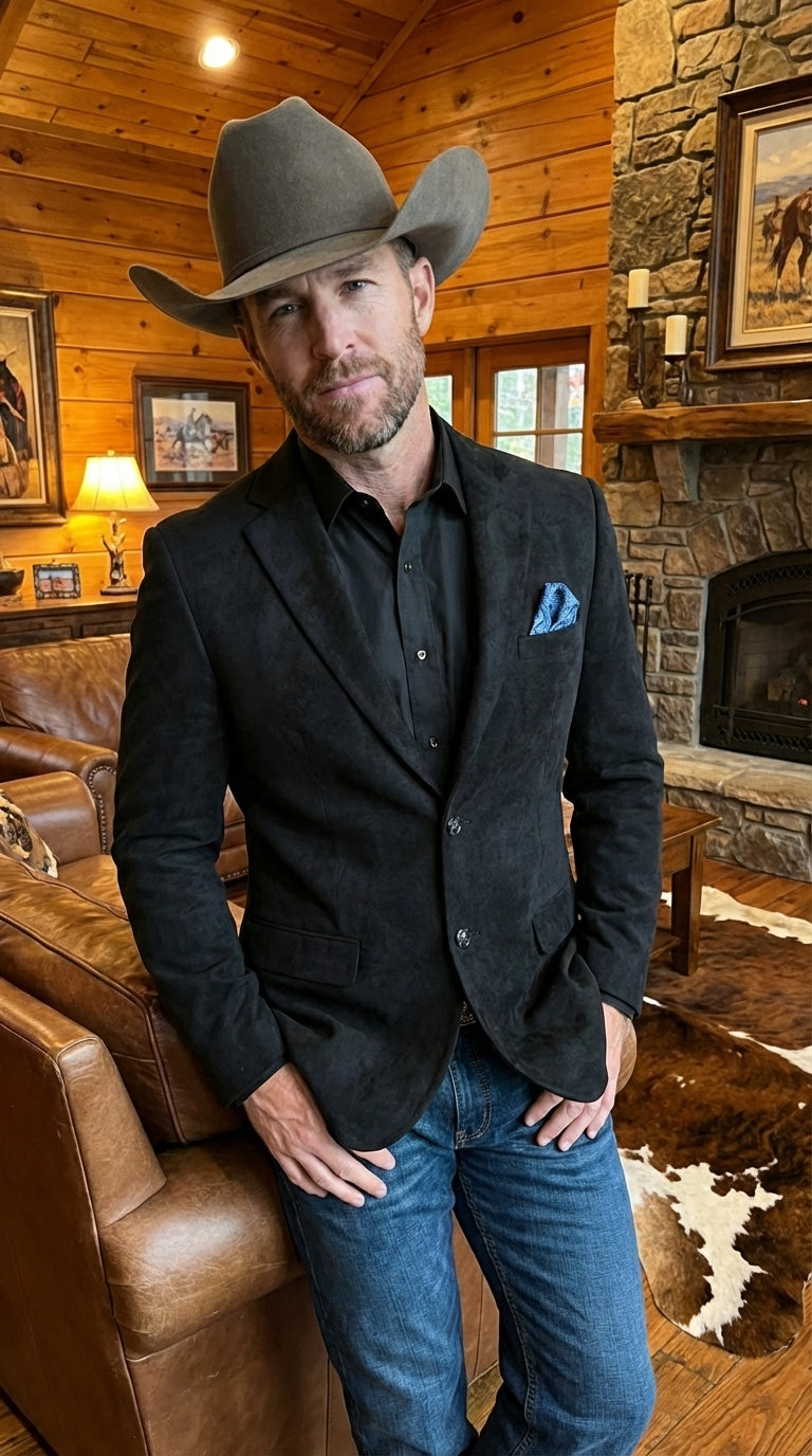 Men’s Black Suede Cowboy Blazer with Elbow Patch Sleeves – Black Western Style Suede Sport Coat for Casual and Smart Casual Wear - 36 Short