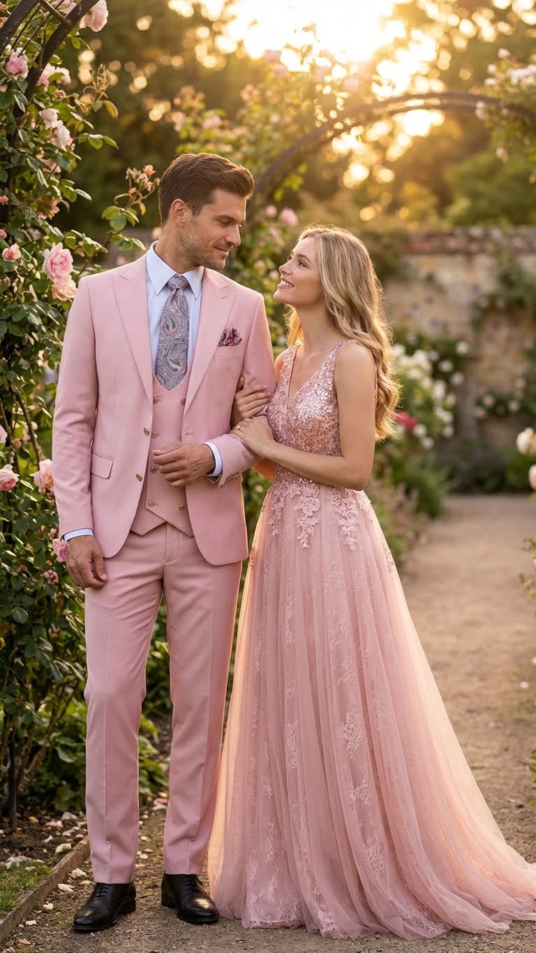 Men’s Blush Pink and Gold Three-Piece Suit – Tailored Fit Formal Wedding, Vested Suit By Rossiman - 34 Short or Extra Small