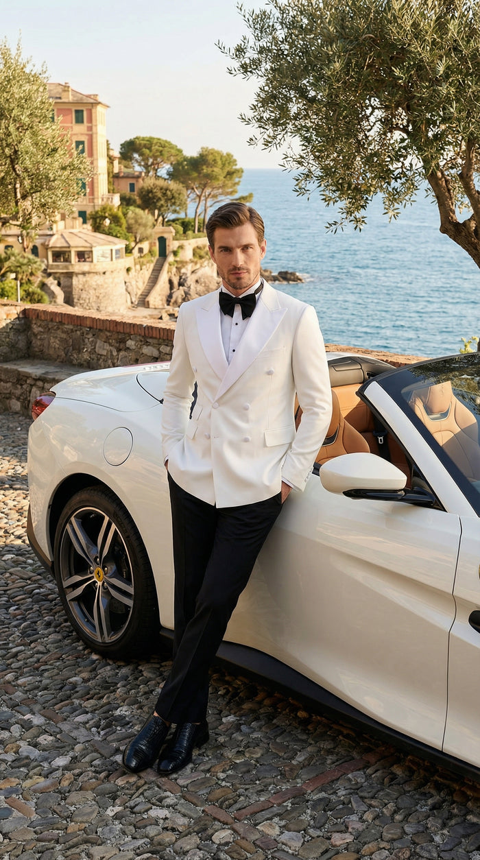 Mens White Double Breasted Dinner Jacket Blazer with Black Pants Formal Tuxedo Style Outfit for Weddings