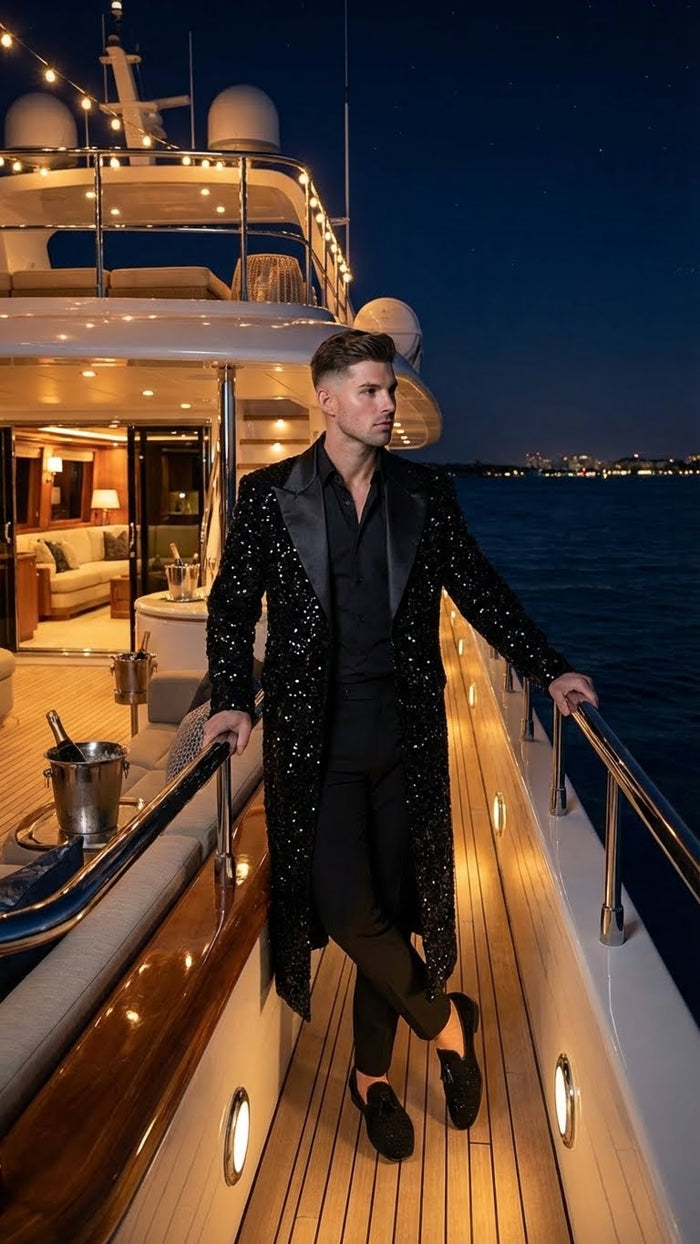 Mens Black Sequin Long Coat with Satin Shawl Lapel Luxury Statement Evening Overcoat