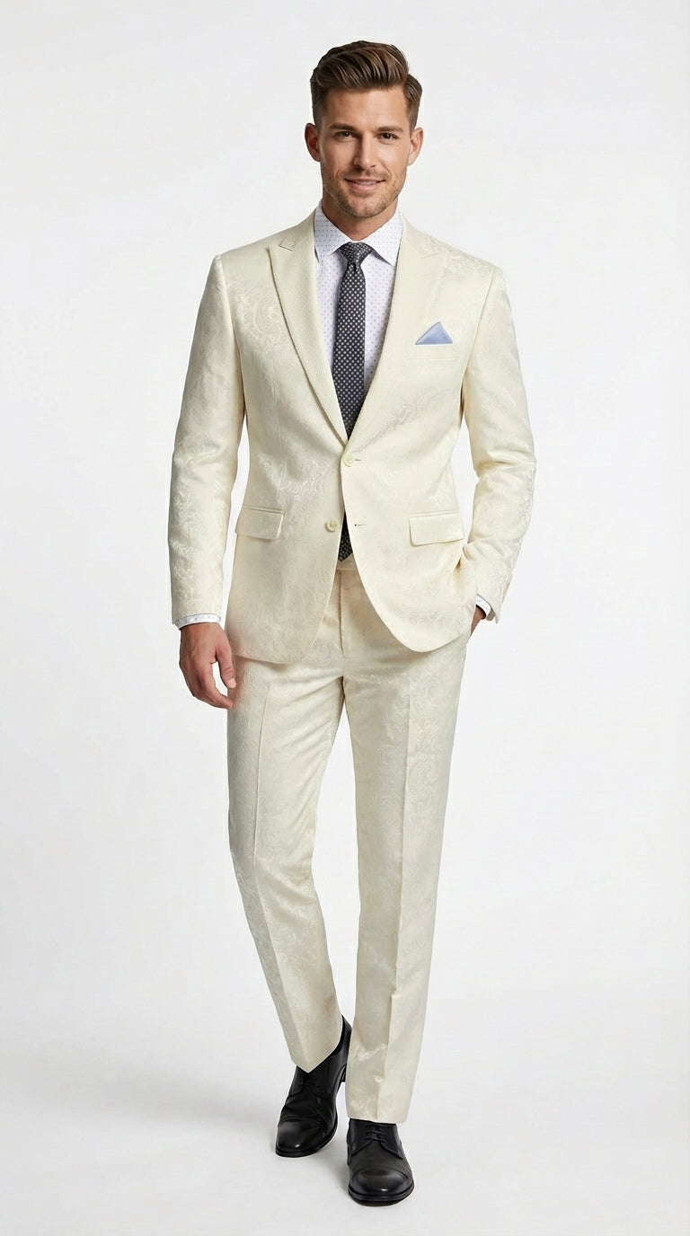 Men’s Ivory Paisley Shiny Suit – Flroal Formal Wedding and Prom Suit for Party, in Cream Off White - 34 Short or Extra Small