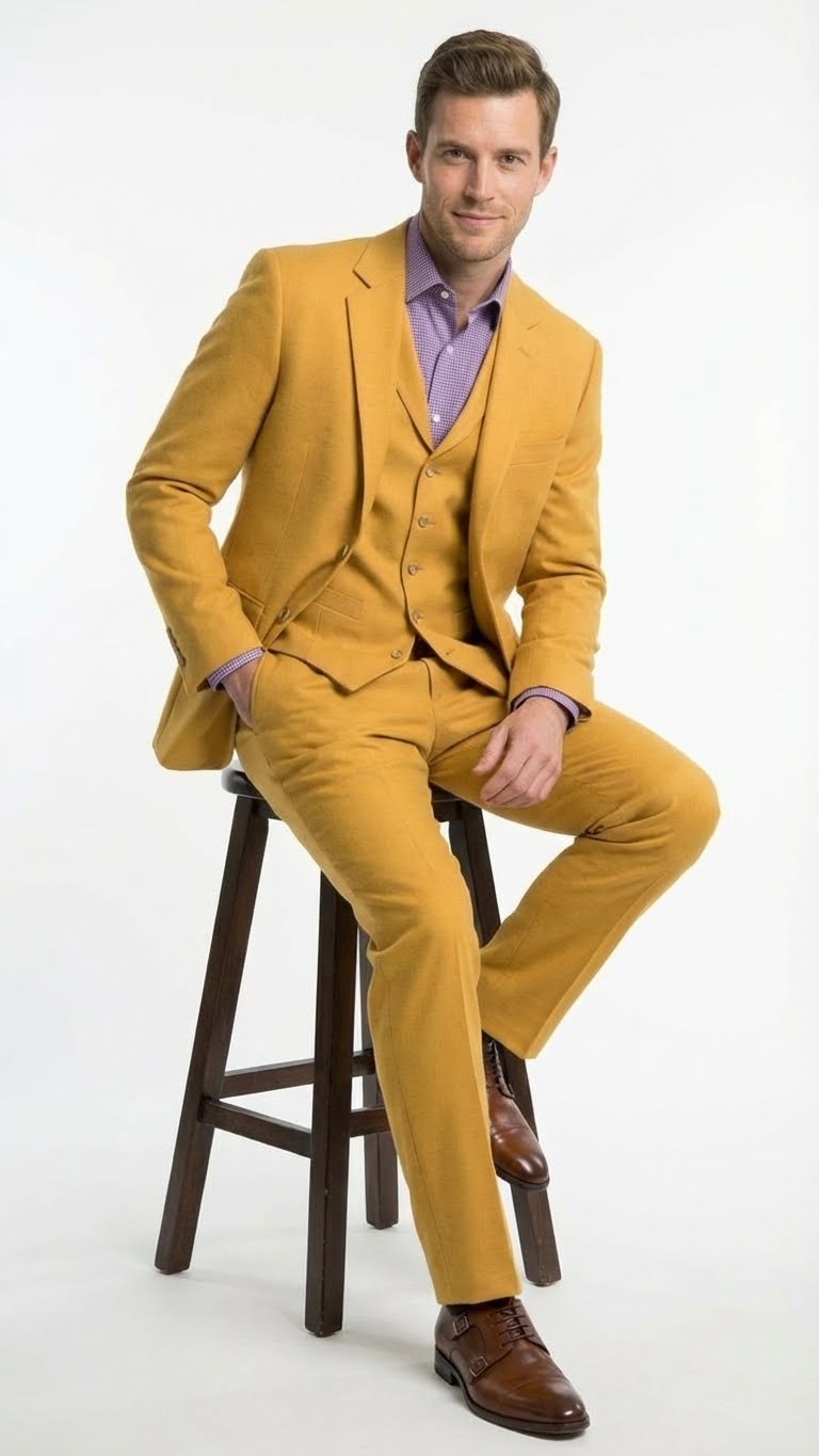 Men’s Mustard Yellow Three Piece Suit | 2 Button Notch Lapel Modern Fit in Gold Color - Church Suit - 34 Short or Extra Small