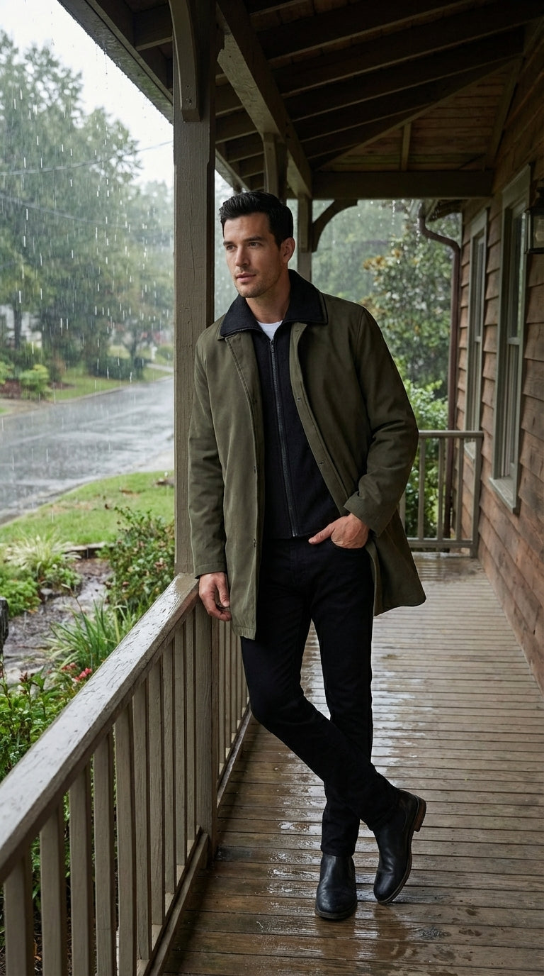 Mens Olive Brown Trench Coat Raincoat – Classic Water Resistant Long Coat with Zip and Button Closure for Business, Travel and Everyday Outerwear - Coat Size 38