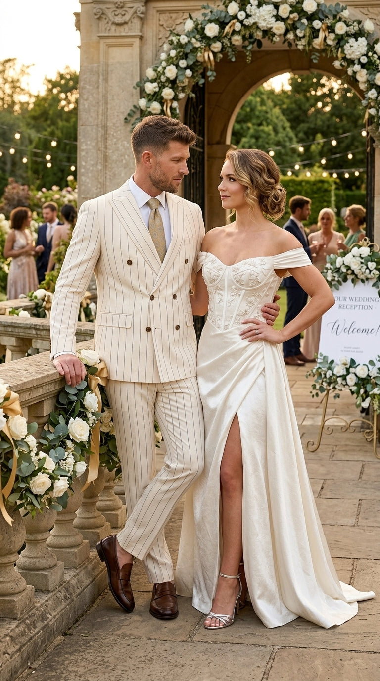 Men’s Cream Off White Pinstripe Linen Pinstripe 2 Piece Double Breasted Suit, Summer Wedding Ivory Color By Vitali - 34 Short or Extra Small