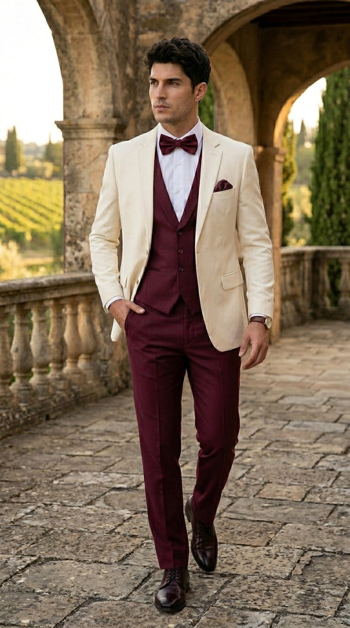 Men’s Cream Ivory and Burgundy 3 Piece Tuxedo Suit, Vested Formal Wedding Prom Dinner Suit in Cream Off White Color