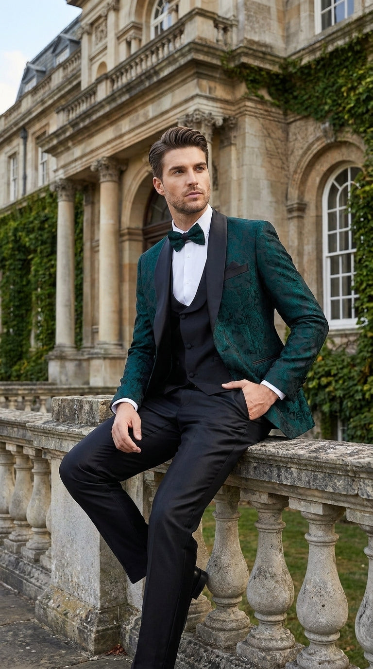 Tazzio Men’s Hunter Green & Black Paisley Tuxedo – Skinny Fit Shawl Collar 3-Piece Prom and Wedding Suit - 34 Short or Extra Small